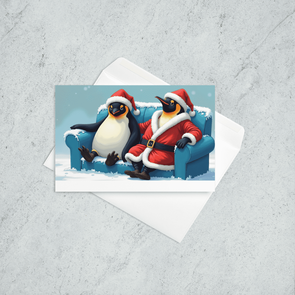 A holiday card featuring two penguins sitting on a blue couch in the snow. The penguin on the left is wearing a Santa hat, and the penguin on the right has a matching hat and Santa coat.