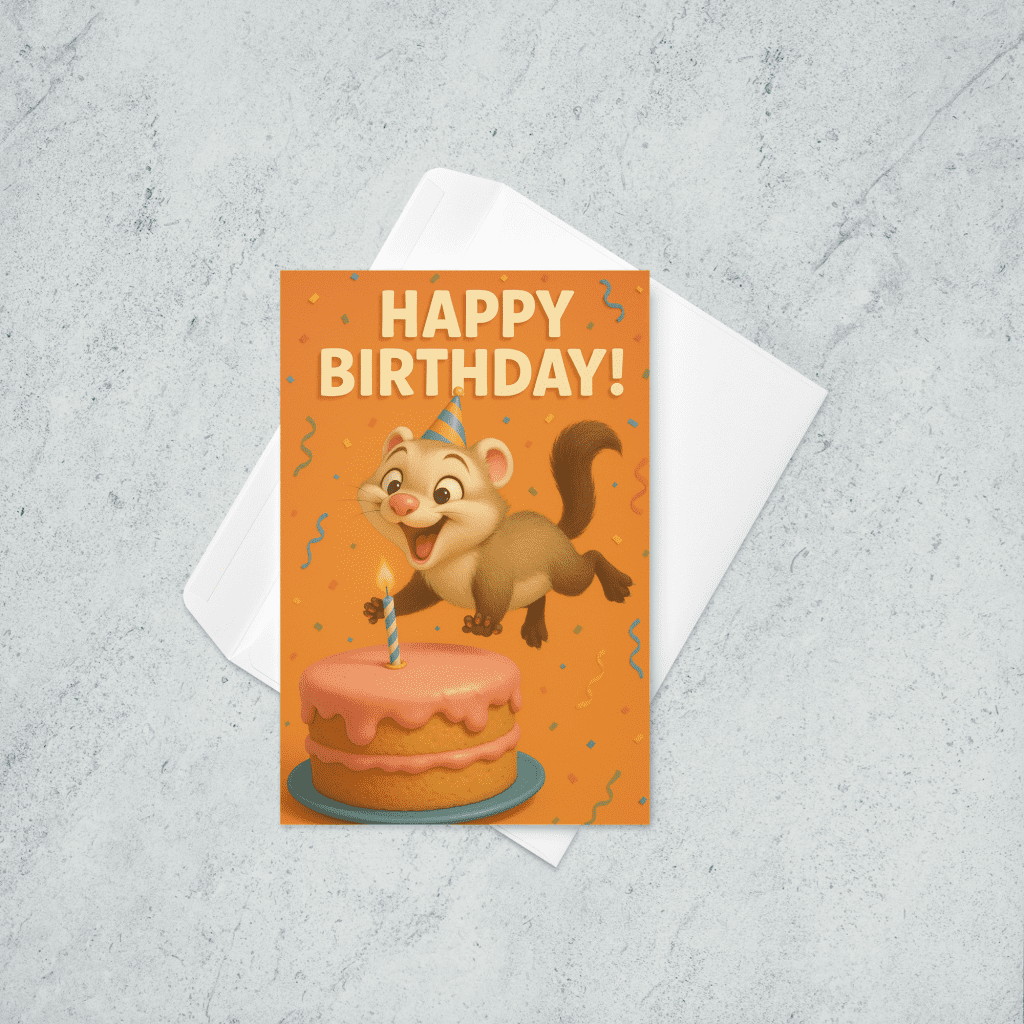 A birthday card that says HAPPY BIRTHDAY!, featuring a ferret wearing a party hat, leaping into the confetti-filled air in front of a birthday cake with one candle.