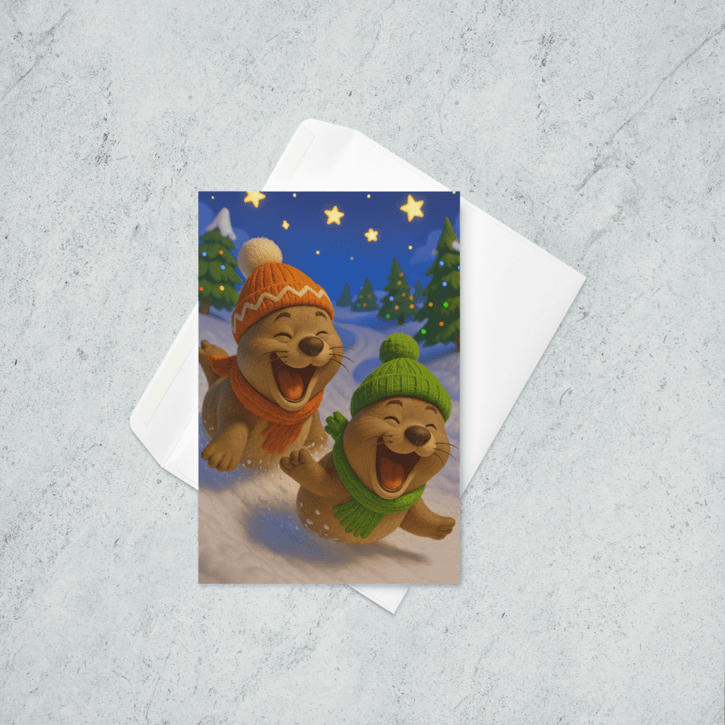 A Christmas card featuring two seals, one in an orange hat and scarf and one in a green hat and scarf, smiling as they sled down a hill on their bellies.