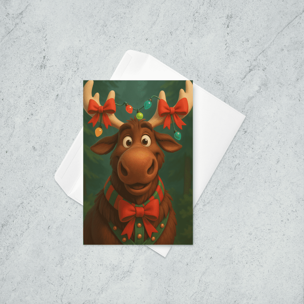 A Christmas card featuring a smiling moose wearing a festive harness, with bows and colorful lights in his antlers.
