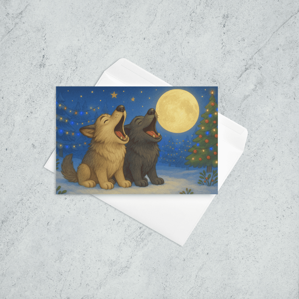 A Christmas card featuring two wolves smiling and howling at a full moon as they stand in a snowy field surrounded by decorated Christmas trees.
