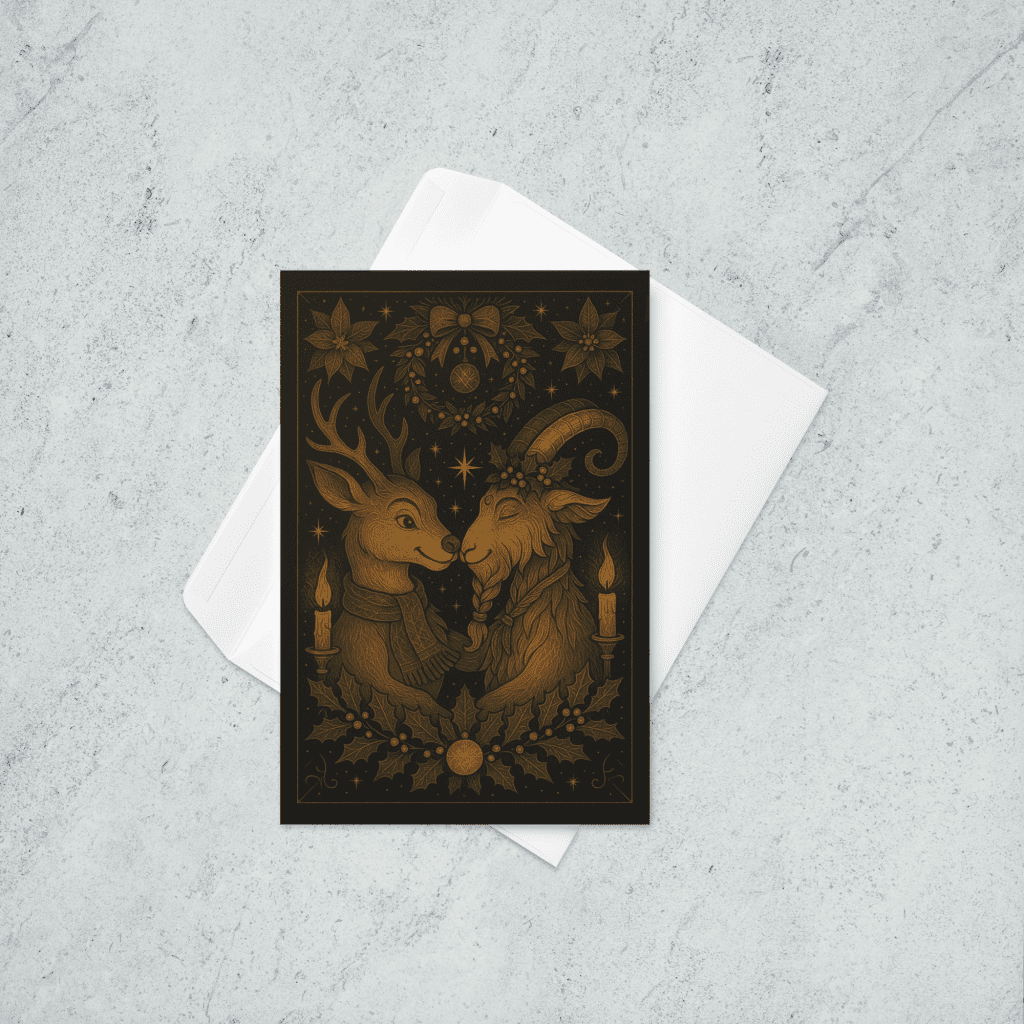 A holiday card featuring a reindeer and a yule goat smiling at each other and surrounded by festive decorations.