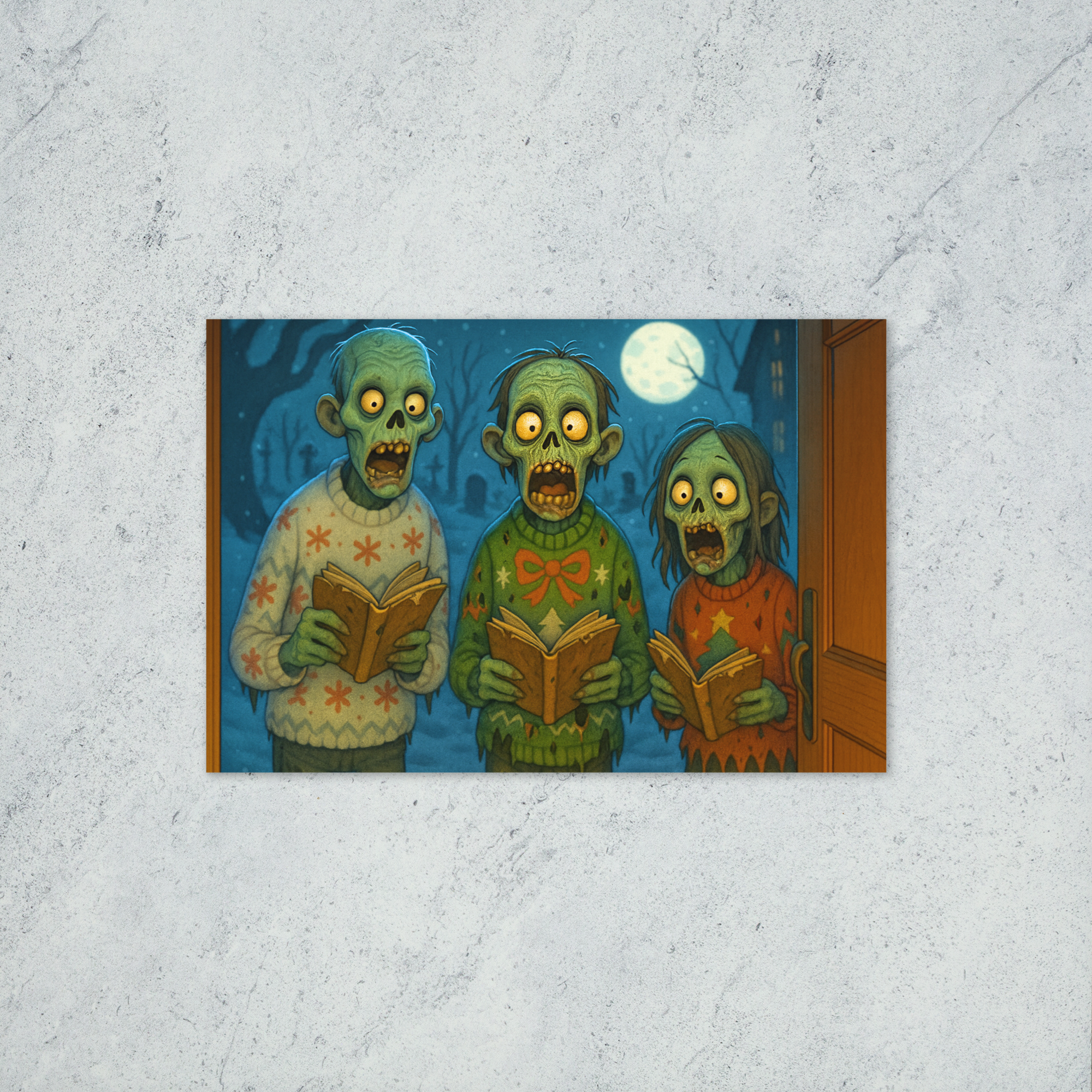 A holiday card featuring three zombies singing Christmas Carols in front of an open door.