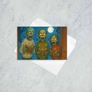 A holiday card featuring three zombies singing Christmas Carols in front of an open door.