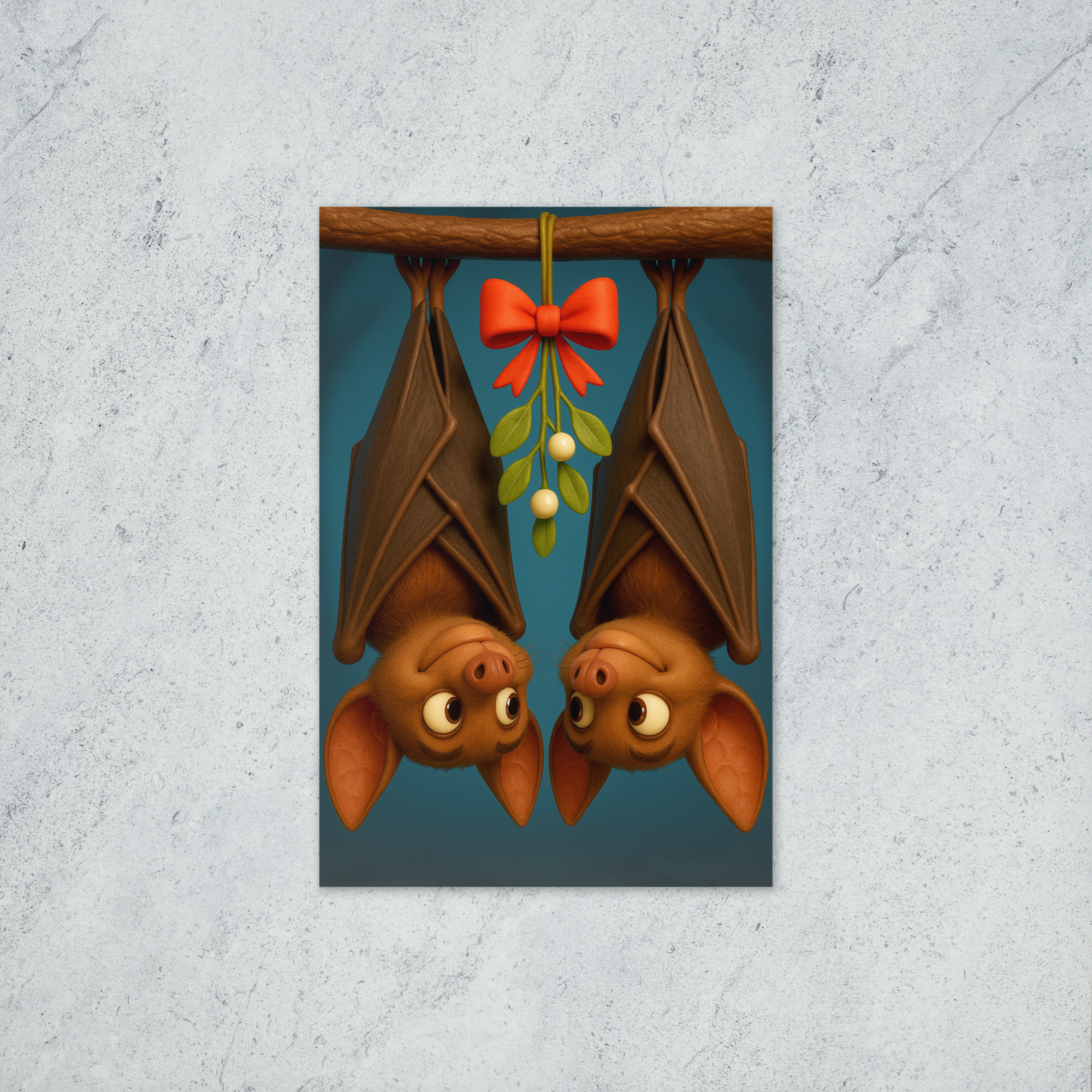 A holiday card featuring two bats smiling at each other as they hang from a branch with mistletoe between the two of them.
