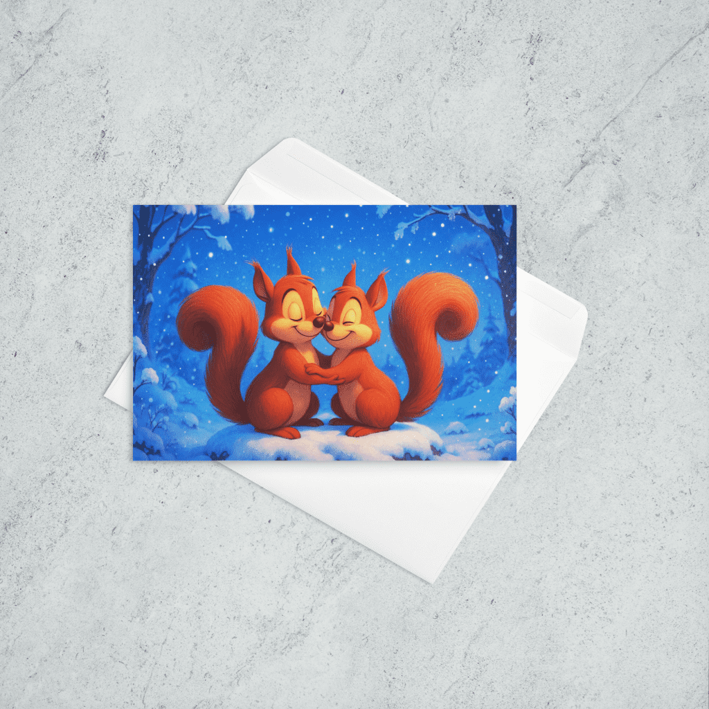 A holiday card featuring two penguins sitting on a blue couch in the snow. The penguin on the left is wearing a Santa hat, and the penguin on the right has a matching hat and Santa coat.