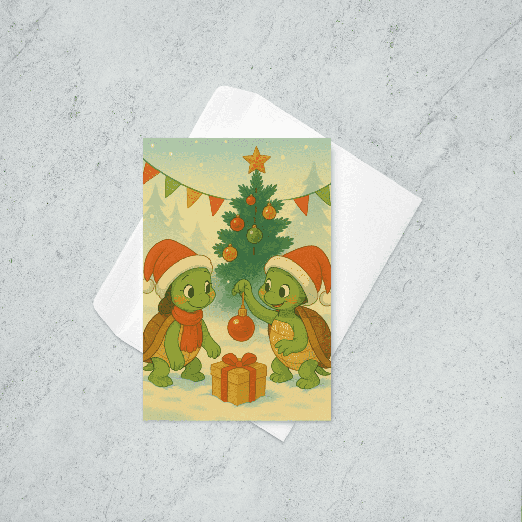 A Christmas card featuring two turtles wearing red hats decorating a Christmas tree in the snow.
