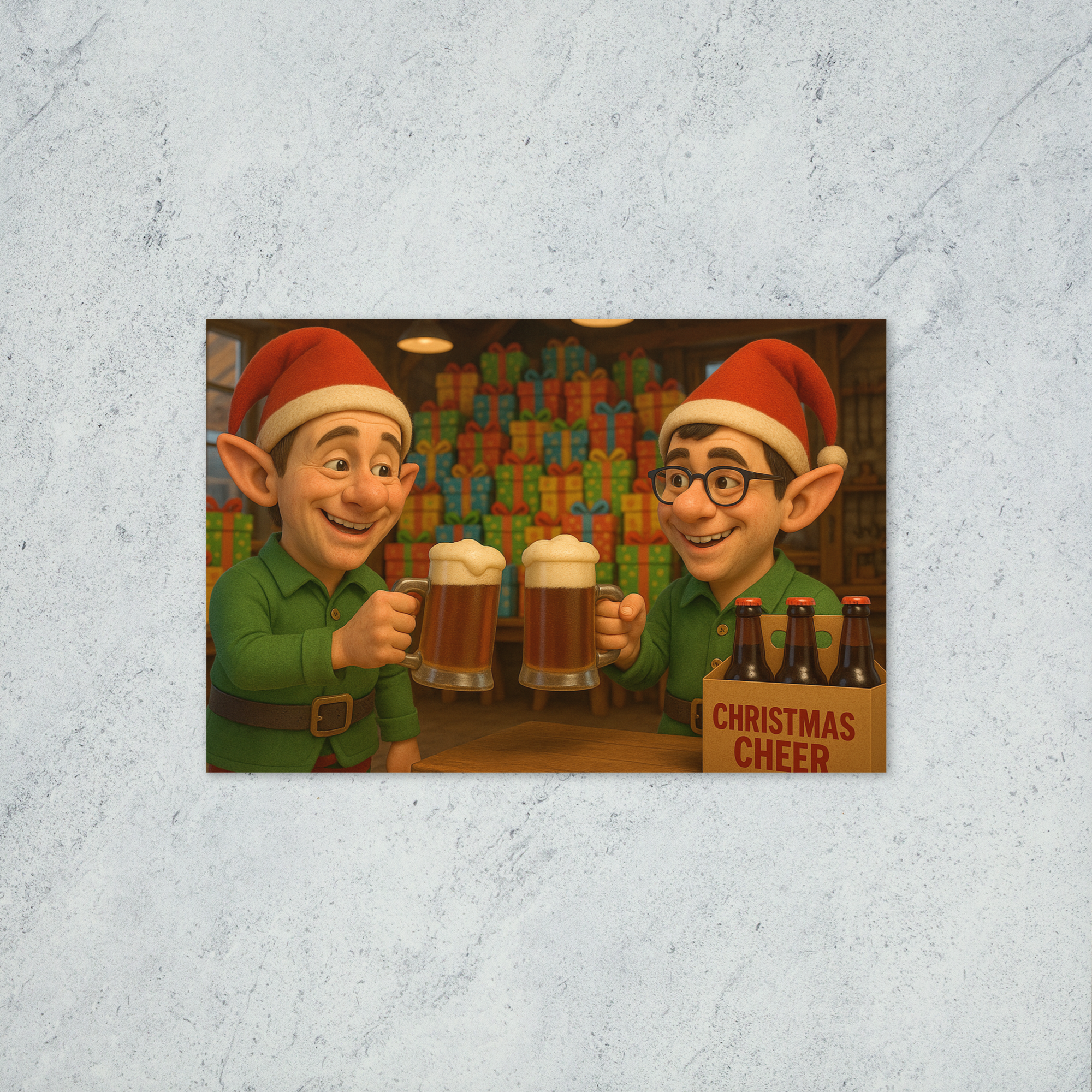 Two male elves toasting each other with mugs of beer as they stand in front of a large pile of wrapped presents in a warehouse.