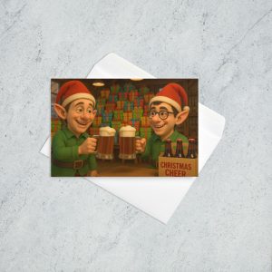 Two male elves toasting each other with mugs of beer as they stand in front of a large pile of wrapped presents in a warehouse.