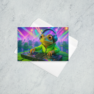 Toad DJ spinning songs on a lily pad while surrounded by creatures at a rave in the forest