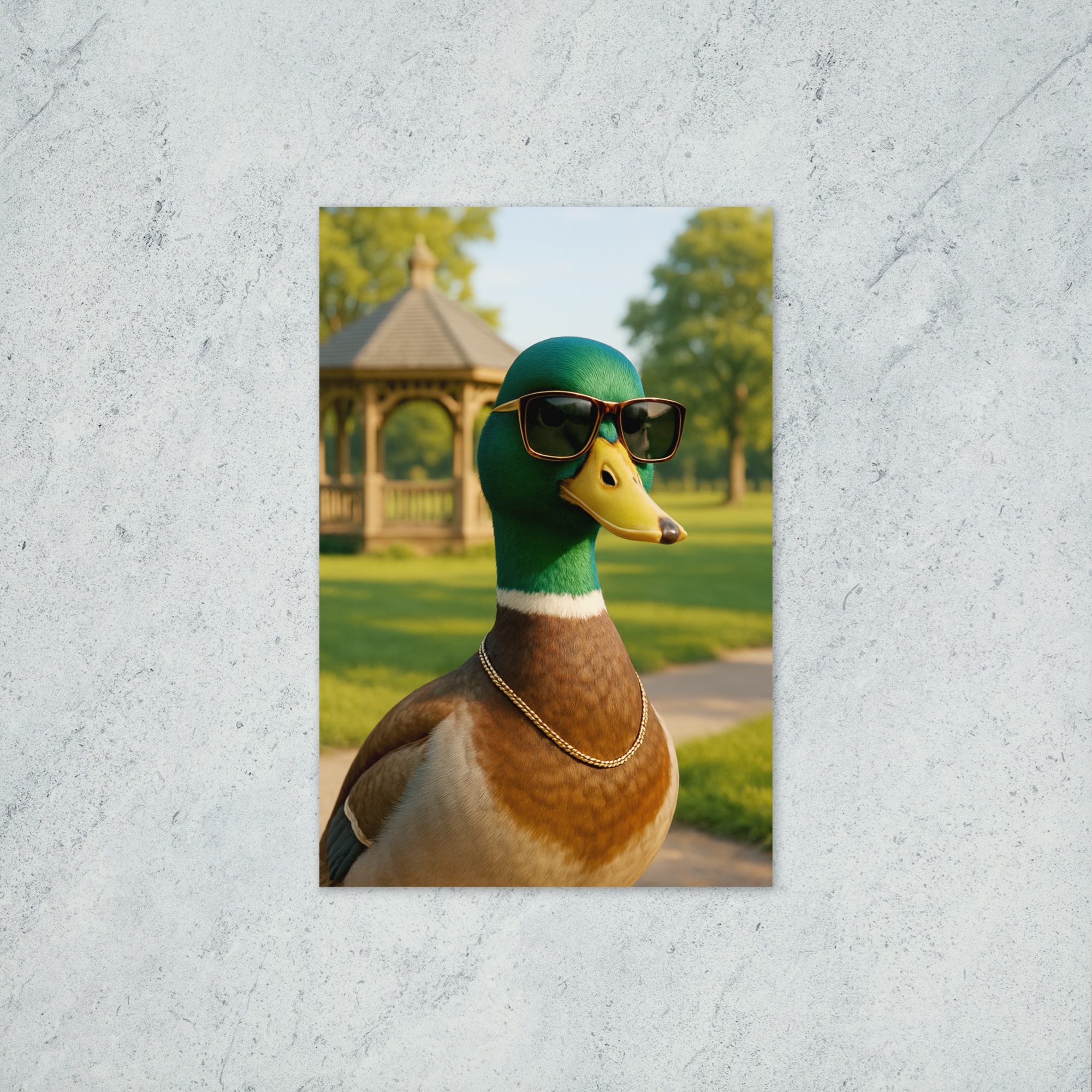A handsome duck wearing glasses and a necklace standing in the park in the sunshine