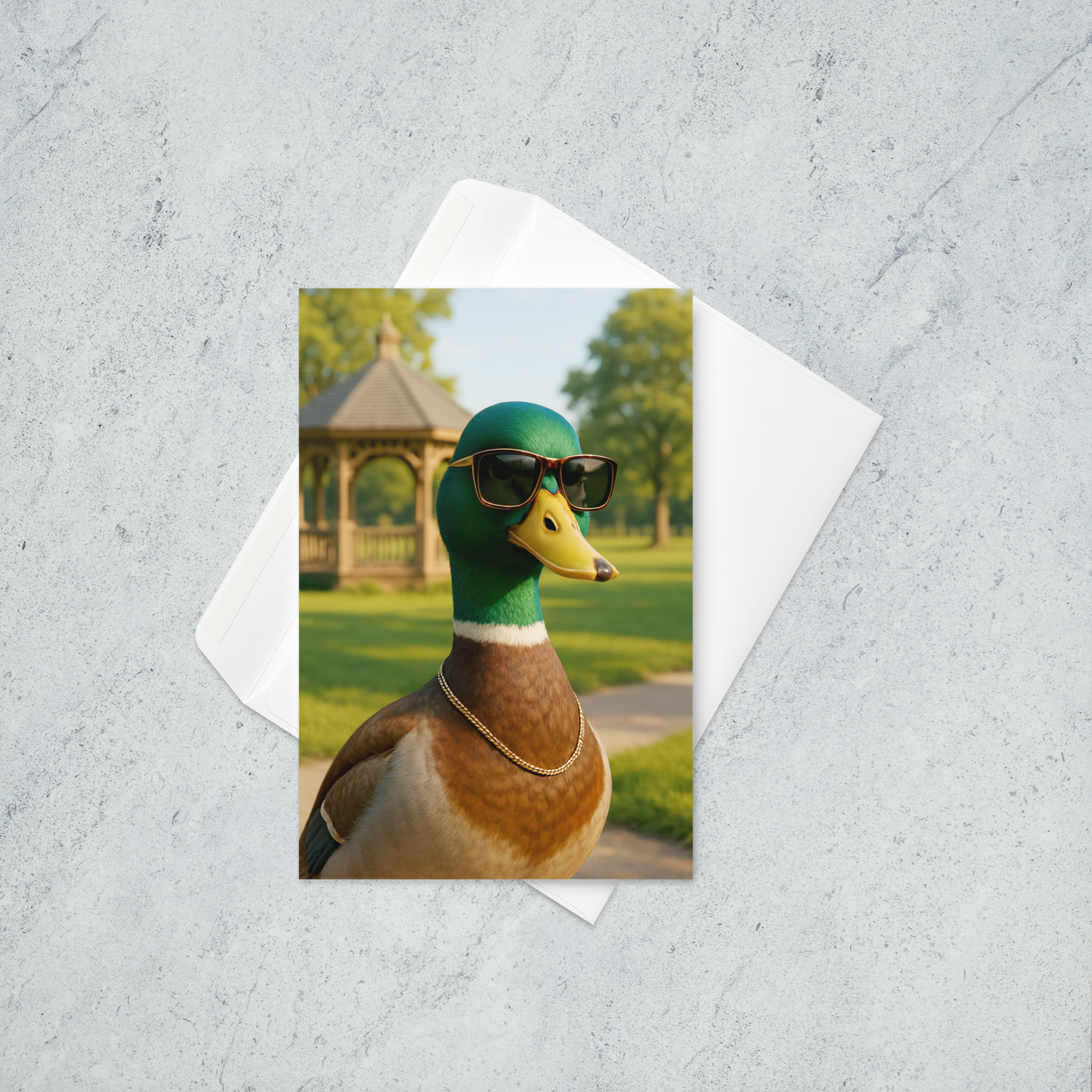 A handsome duck wearing glasses and a necklace standing in the park in the sunshine