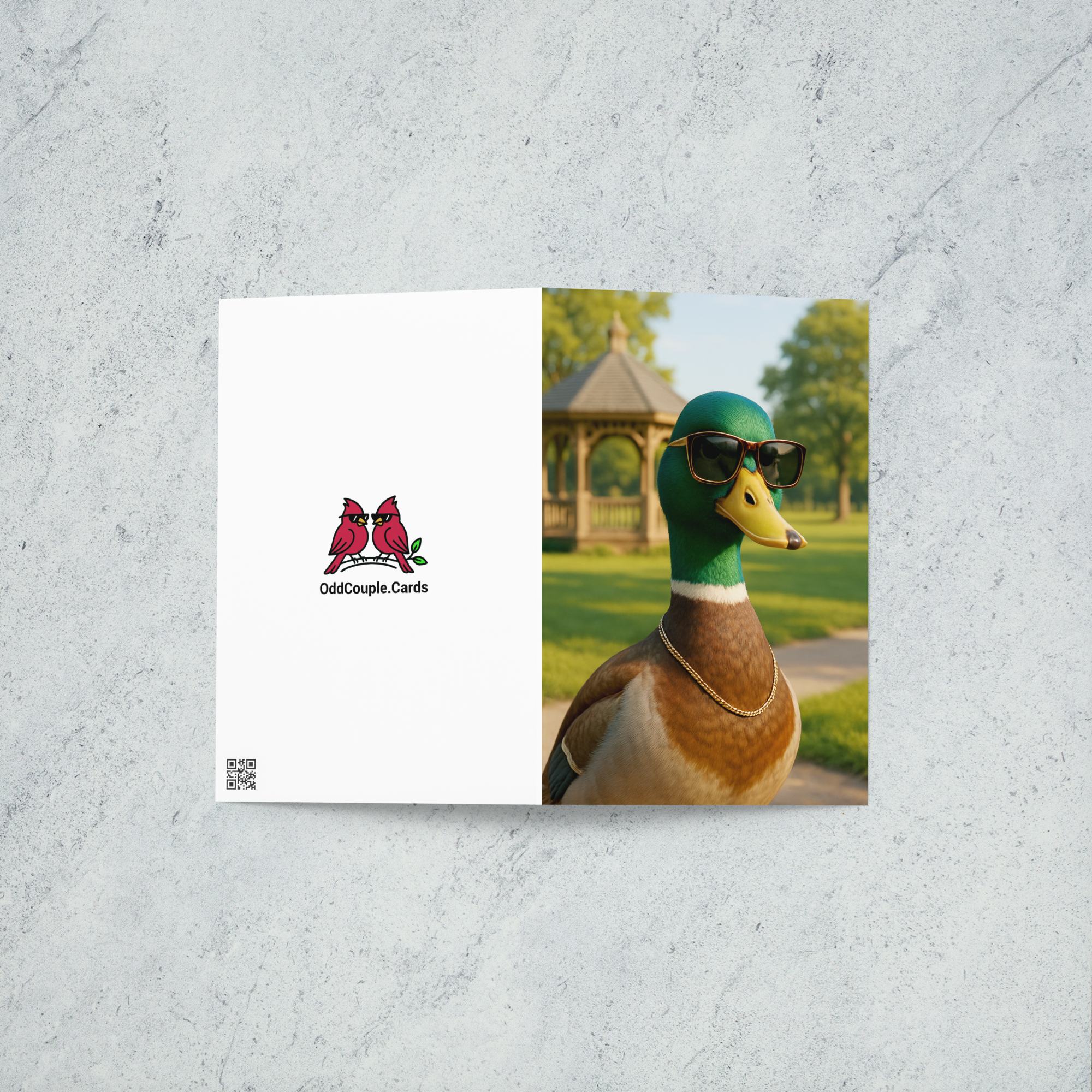 A handsome duck wearing glasses and a necklace standing in the park in the sunshine