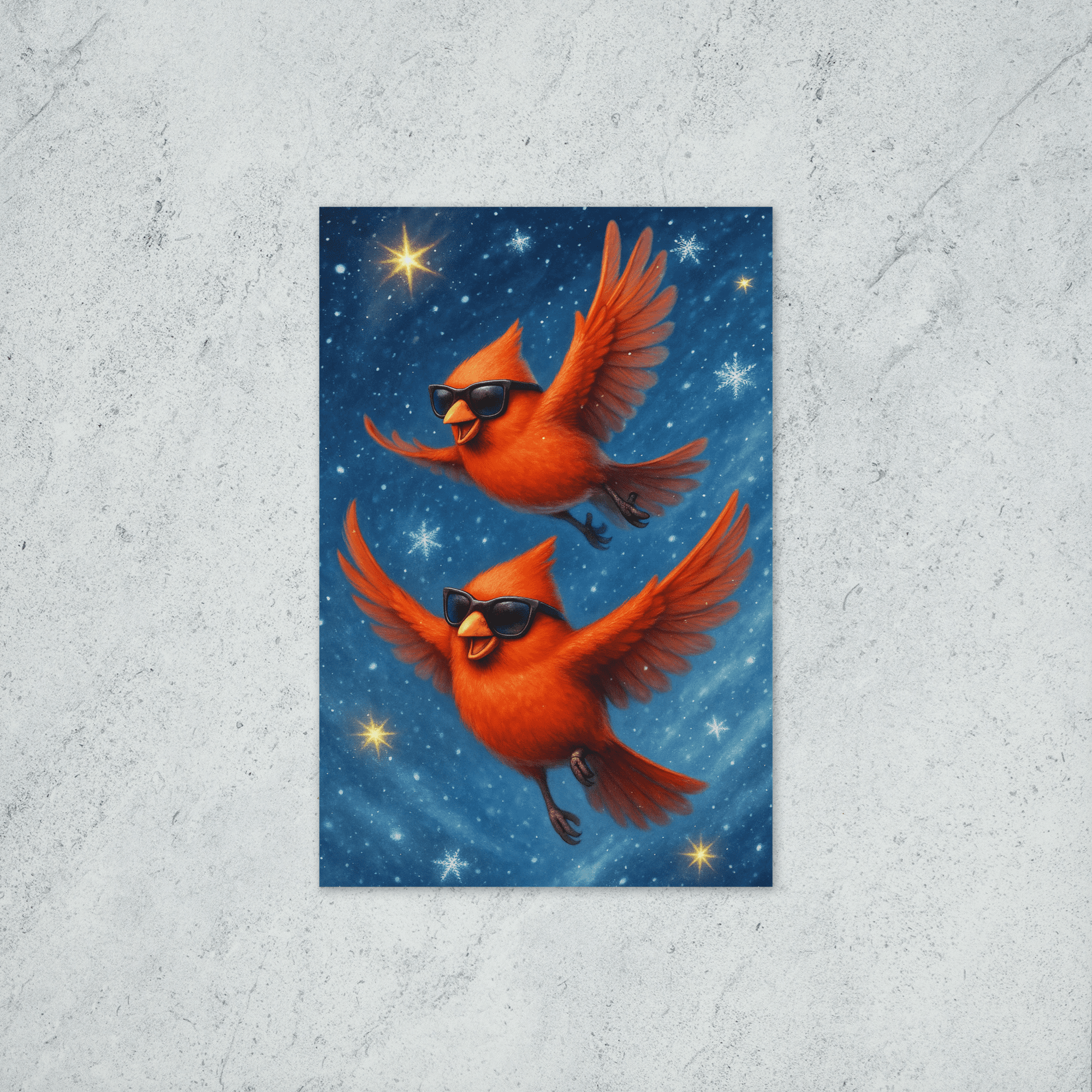 Two cardinals flying in a magical Christmas nighttime sky.