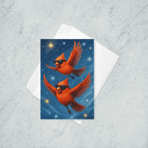 Two cardinals flying in a magical Christmas nighttime sky.