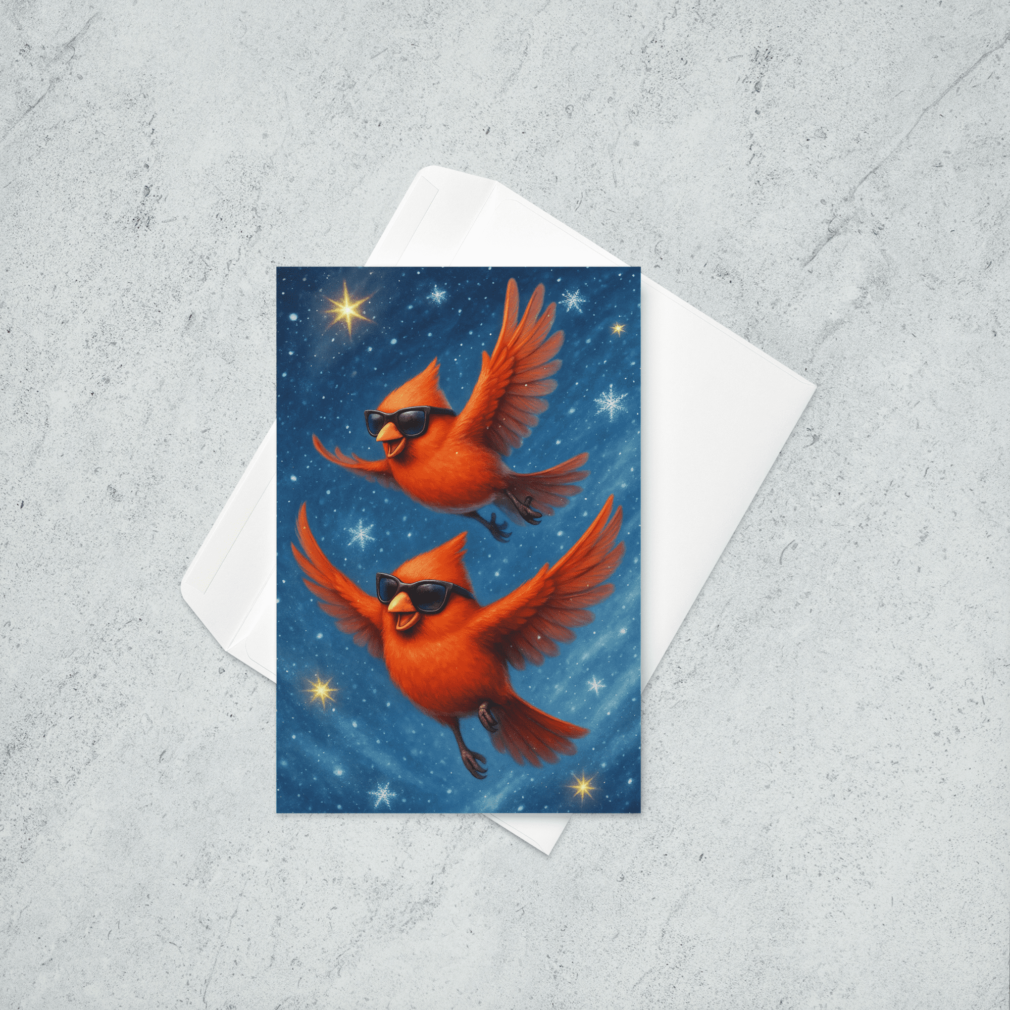 Two cardinals flying in a magical Christmas nighttime sky.