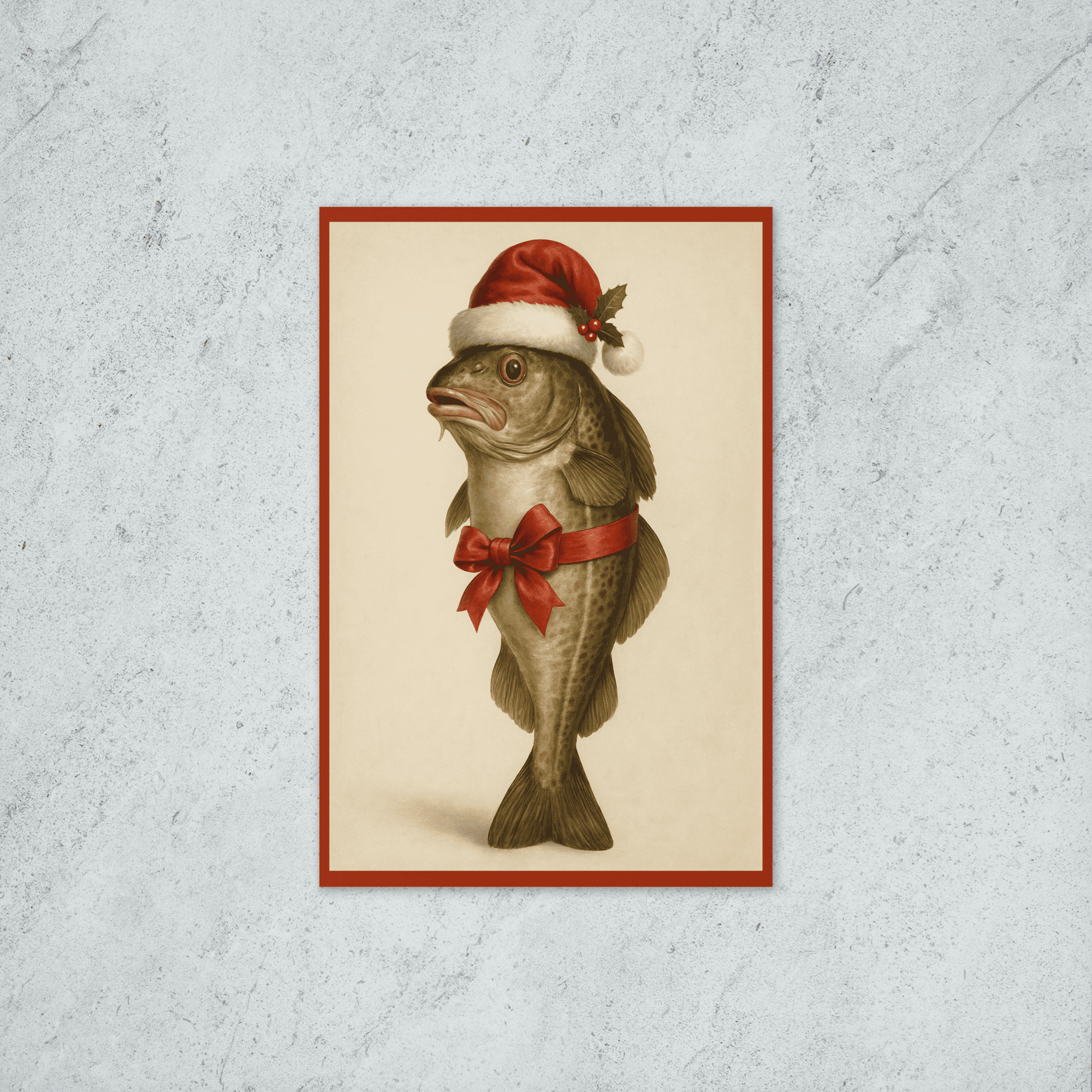 Codfish wearing a santa hat wrapped in a ribbon with a bow
