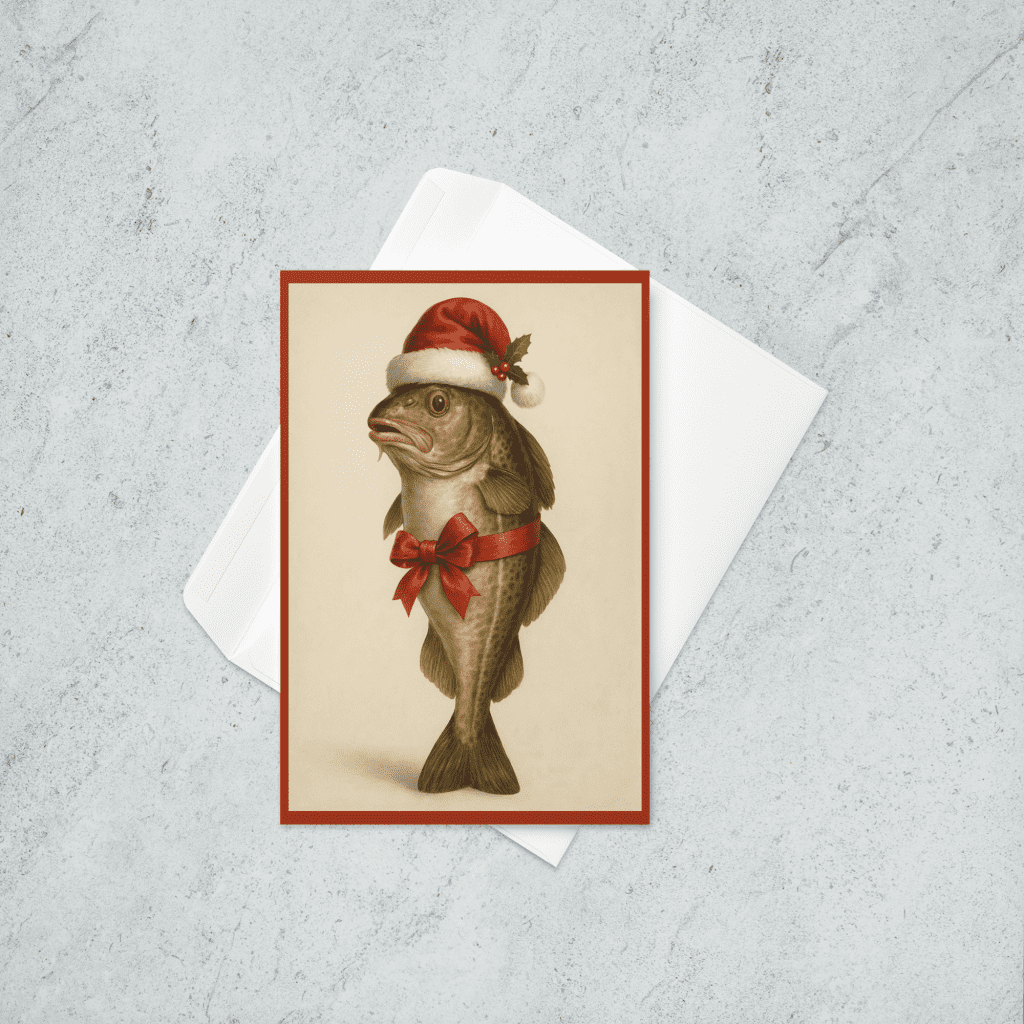 Codfish wearing a santa hat wrapped in a ribbon with a bow