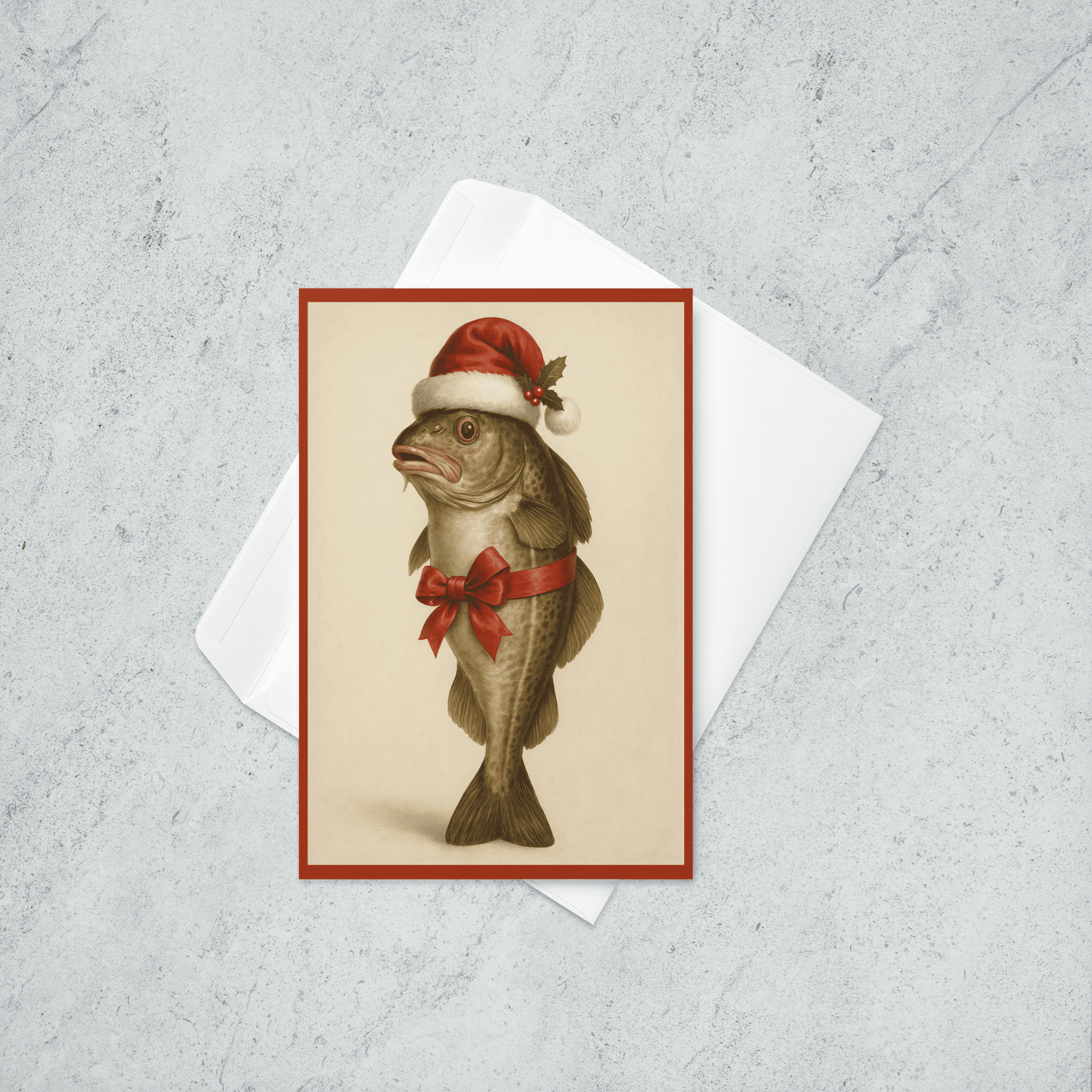 Codfish wearing a santa hat wrapped in a ribbon with a bow