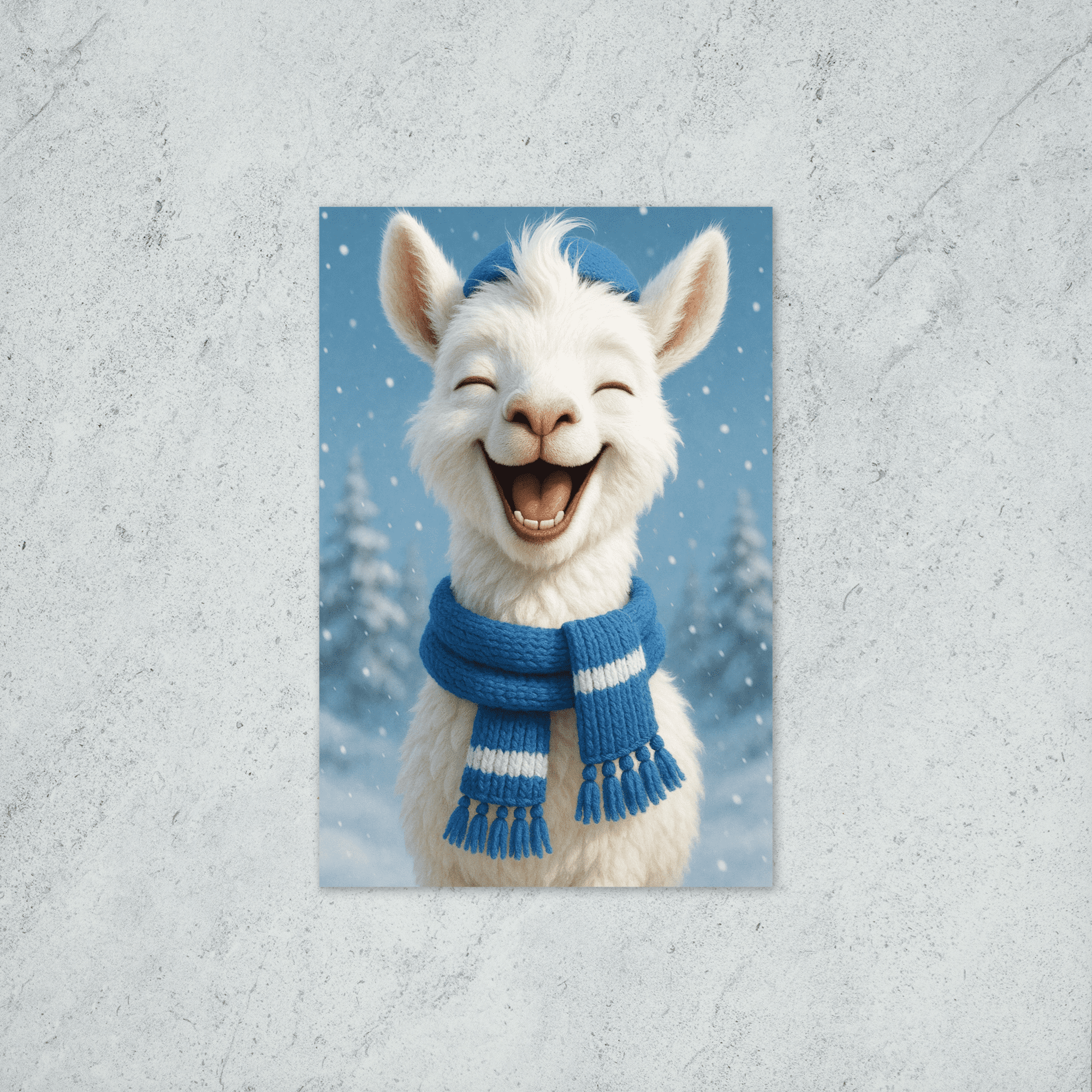 a young llama wearing a hat and scarf outside in the snow