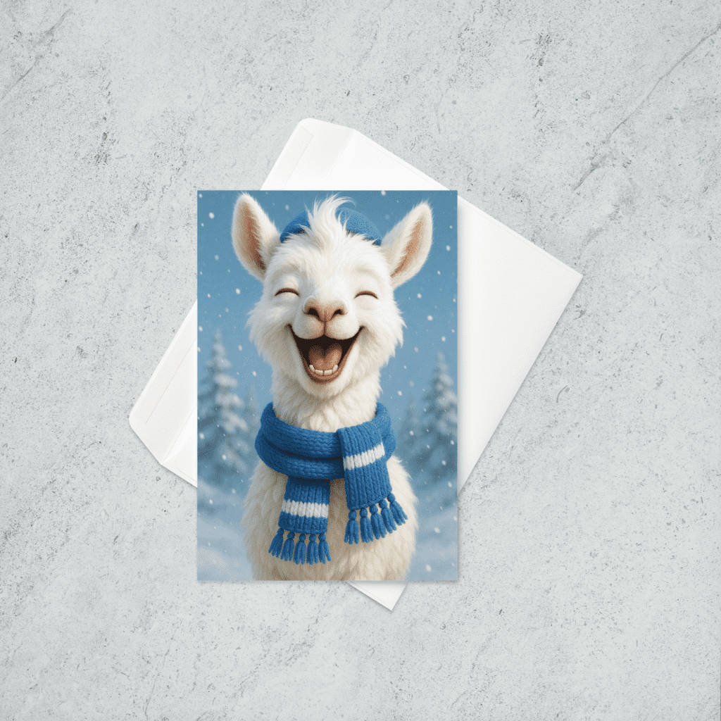 a young llama wearing a hat and scarf outside in the snow