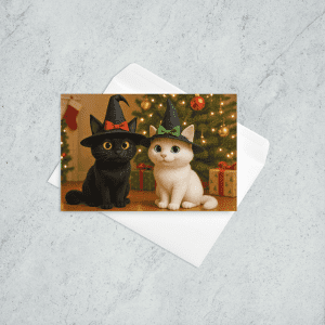 Two cats wearing witch's hats in front of a Christmas tree