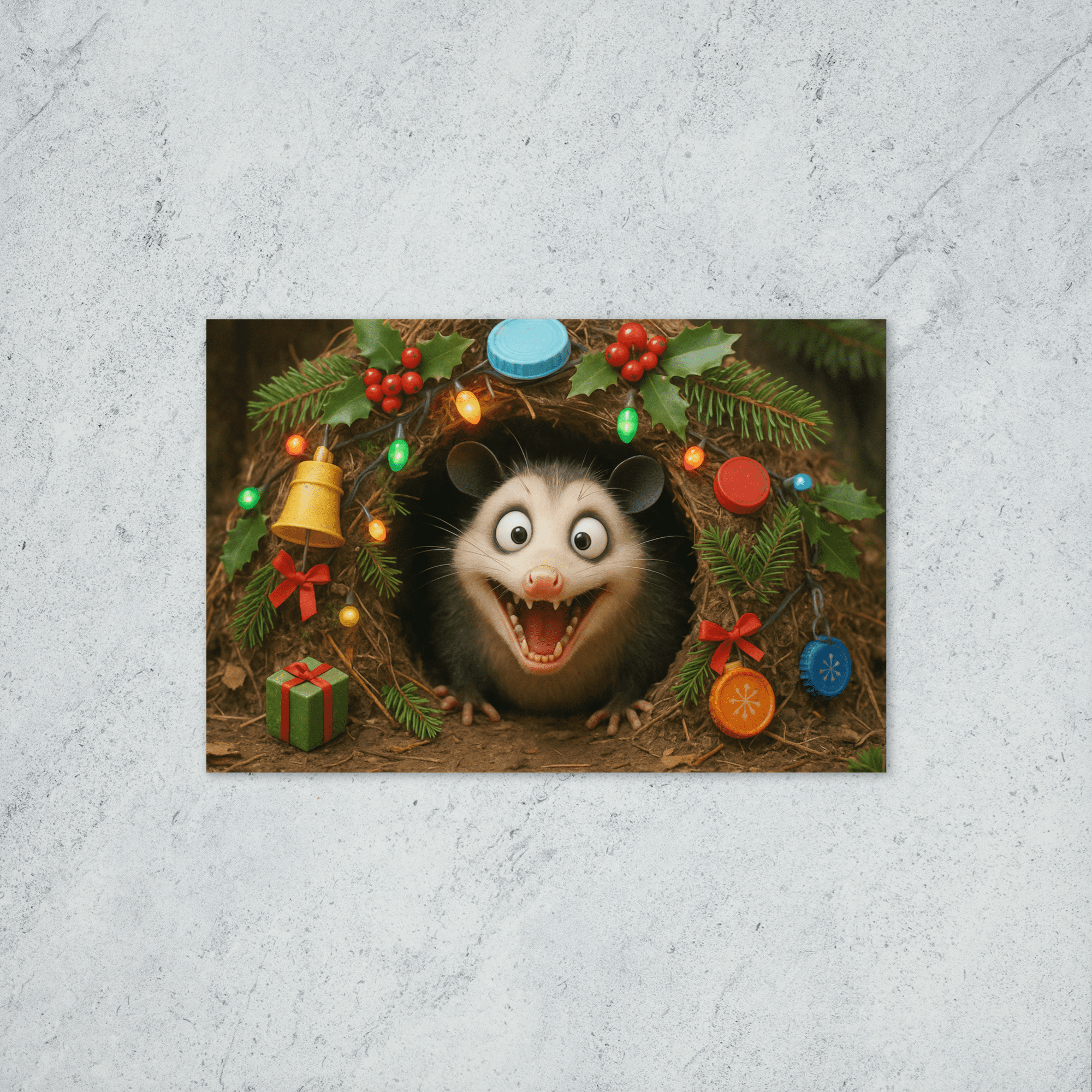 possum in a nest decorated with trash and Christmas symbols
