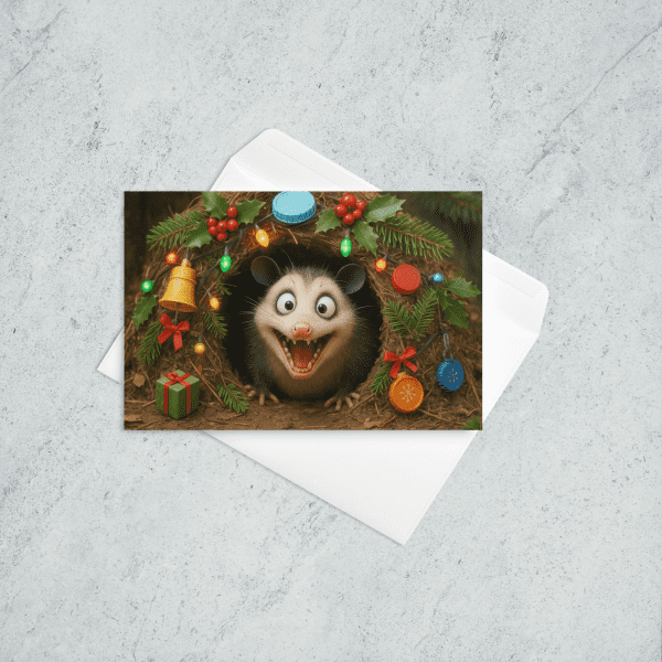 possum in a nest decorated with trash and Christmas symbols