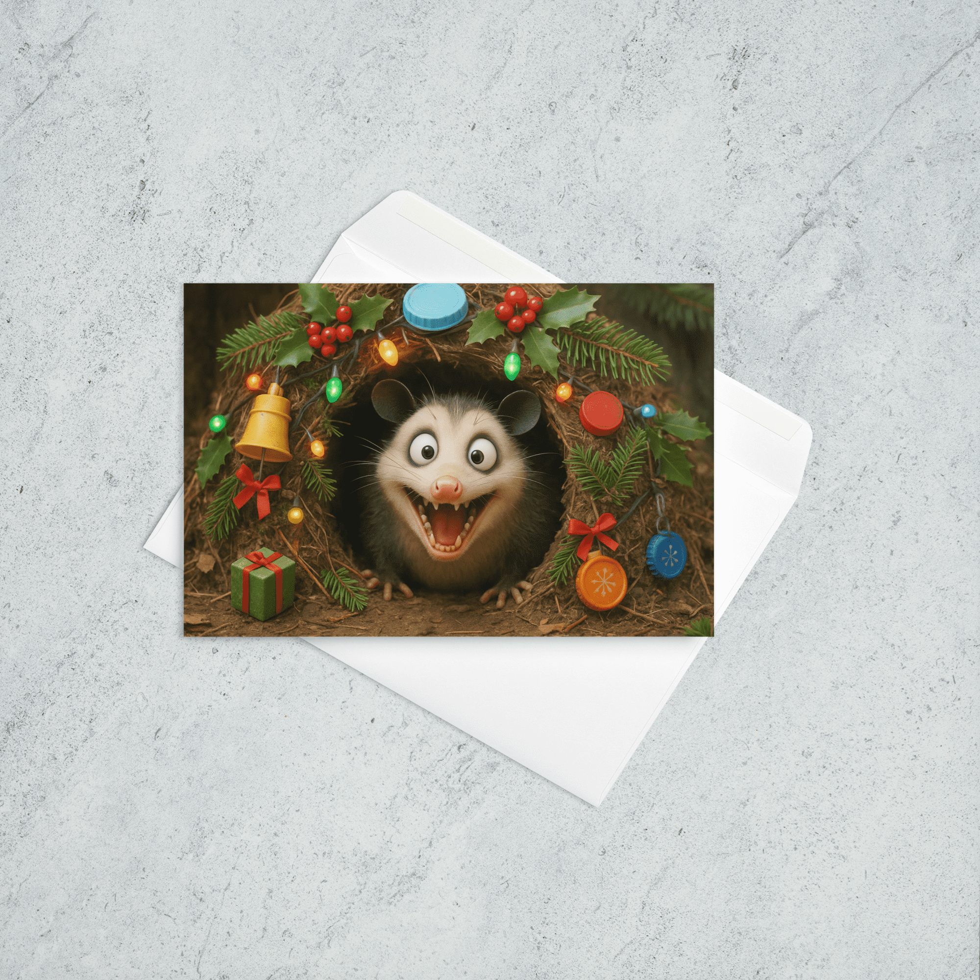 possum in a nest decorated with trash and Christmas symbols