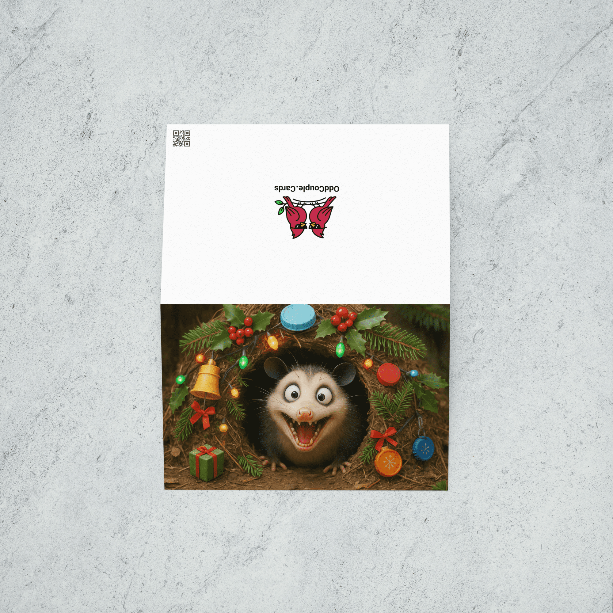 possum in a nest decorated with trash and Christmas symbols